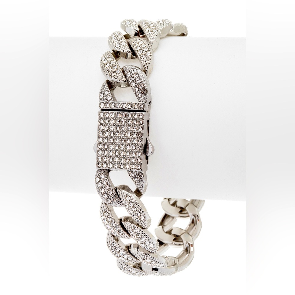 Silver Rhinestone Cuban Chain Bracelet